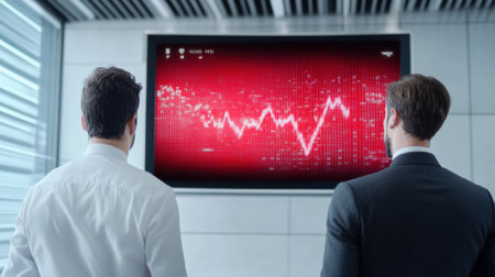 Two men looking at a red graph on the wall, AIの素材