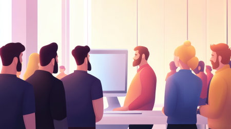 A group of people standing in front of a computer screen, AIの素材