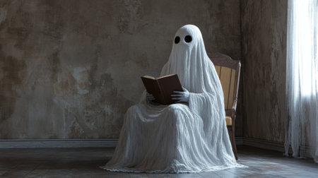 A ghostly figure sitting in a chair reading a book, AIの素材