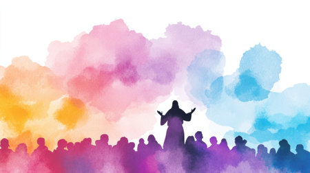 A painting of Jesus standing in front of many people, AIの素材