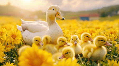 A duck and her babies are in a field of yellow flowers, AIの素材