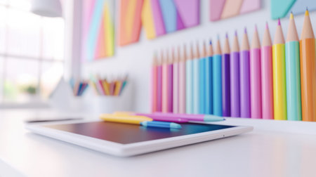 A tablet computer sitting on a desk with many colored pencils, AIの素材