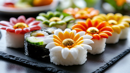 A close up of a plate with sushi and flowers on it, AIの素材
