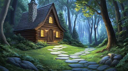 A small cabin in the woods with a path leading to it, AIの素材