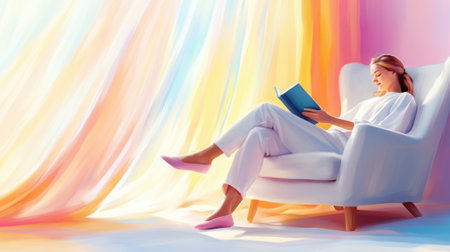 A woman sitting in a chair reading a book, AIの素材