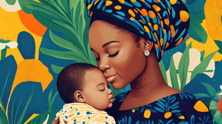 A woman is kissing her baby while wearing a colorful afro, AIの素材