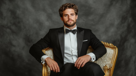 A man in a tuxedo sitting on an ornate chair, AIの素材
