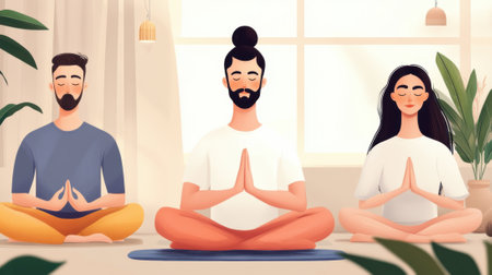 Three people sitting in lotus position with eyes closed, AIの素材