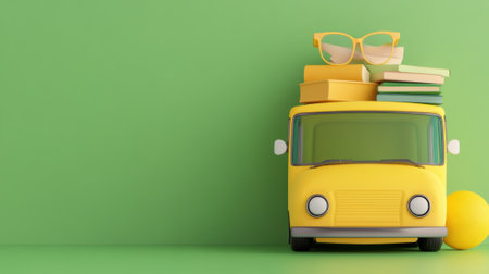 A yellow school bus with glasses and books on top of it, AIの素材