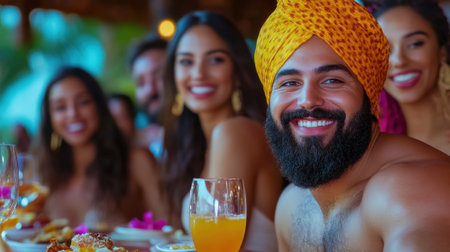 A group of a man with an orange turban smiles at the camera, AIの素材