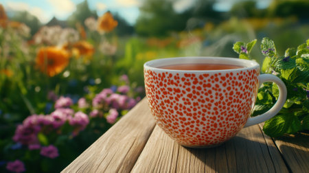 A cup of tea sitting on a table next to flowers, AIの素材