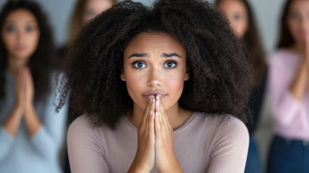 A woman with afro hair praying in front of a group, AIの素材