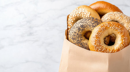 A bag of assorted bagels sitting in a paper sack, AIの素材