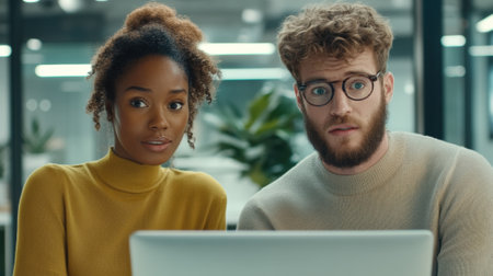 A man and woman looking at a laptop screen together, AIの素材