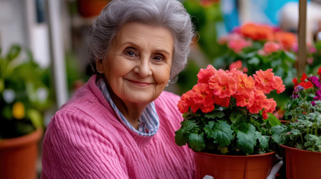 A woman smiling while holding a flower pot with flowers in it, AIの素材