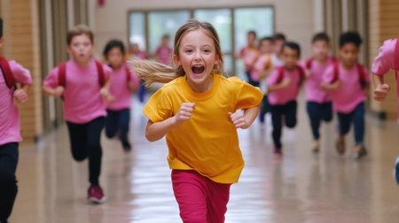A group of a bunch of kids running in the hallway, AIの素材