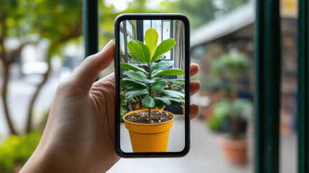 A person holding a phone up to show off their plant, AIの素材