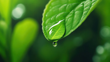 A close up of a leaf with water droplets on it, AIの素材