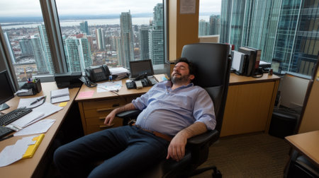 A man sitting in a chair at his desk with the city view, AIの素材