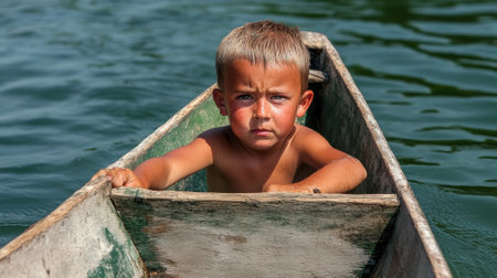 A young boy sitting in a wooden boat on the water, AIの素材