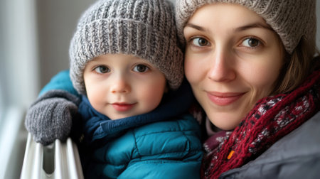 A woman and child in winter hats looking at camera, AIの素材