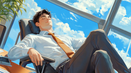 A man in a business suit sitting on the floor with his feet up, AIの素材