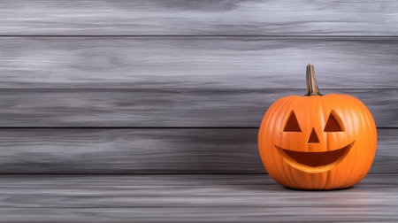 A carved pumpkin sitting on a wooden table with the word happy written in orange, AIの素材