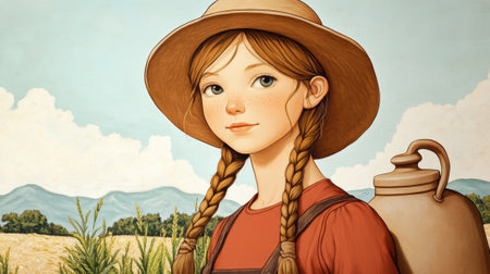 A painting of a girl with braids holding an old fashioned jug, AIの素材