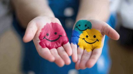 A child holding hands with painted smiley faces on them, AIの素材