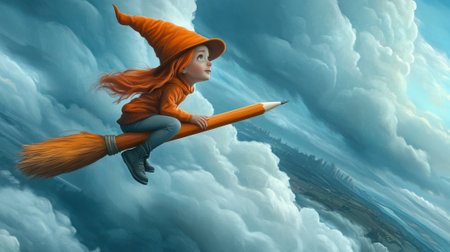 A girl in a witch costume flying on top of an orange pencil, AIの素材