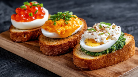 Three eggs are on toast with a variety of toppings, AIの素材