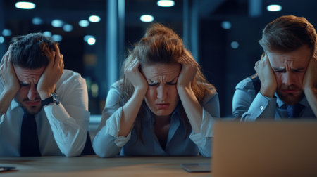 Three people sitting at a table with their hands on their heads, AIの素材