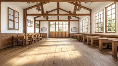 A long wooden room with lots of windows and desks, AIの素材