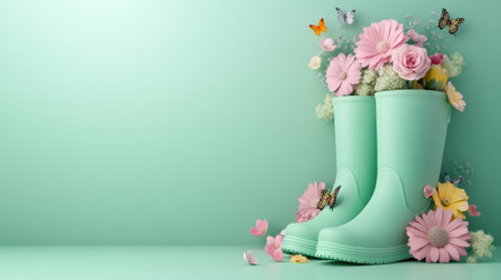 A pair of green rubber boots with flowers and butterflies on them, AIの素材
