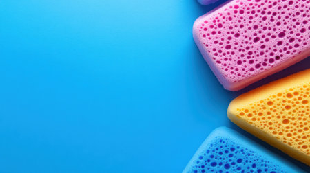 A group of sponges on a blue background with different colors, AIの素材