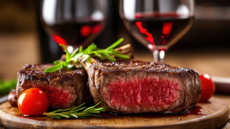 A close up of a steak and some wine on the table, AIの素材