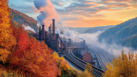 A train tracks running through a forest with smoke coming out of the chimneys, AIの素材