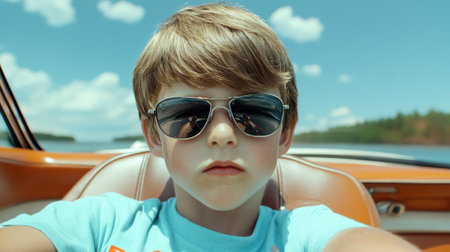 A young boy in sunglasses sitting on a car seat, AIの素材