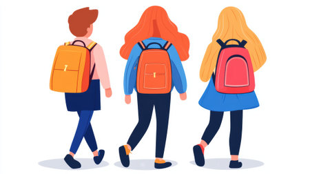 Three people with backpacks walking together in a line, AIの素材