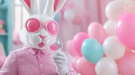 A bunny wearing pink sunglasses and a white outfit blowing bubbles, AIの素材