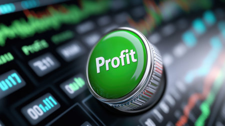 A green button on a trading screen with the word profit, AIの素材