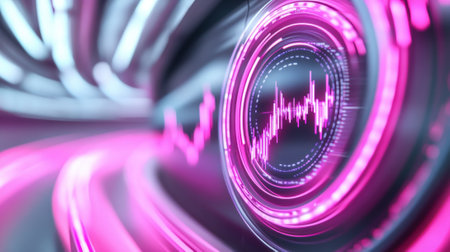 A pink and purple glowing wave with a digital clock, AIの素材