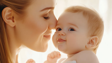 A woman and baby in a white room with the mother kissing her child, AIの素材