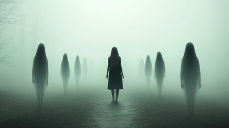 A woman walking through a foggy forest with many other people, AIの素材