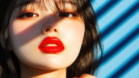 A close up of a woman with red lips and black hair, AIの素材