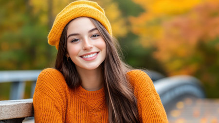 A woman in an orange sweater and a yellow hat smiling, AIの素材