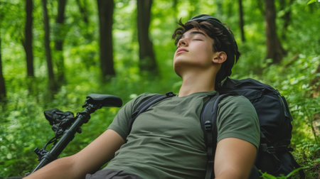 A man with backpack resting on his head in the woods, AIの素材