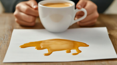 A person holding a cup of coffee with melted wax on the table, AIの素材