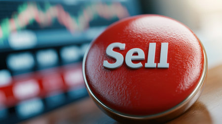 A red button with the word sell on it sitting next to a stock market chart, AIの素材
