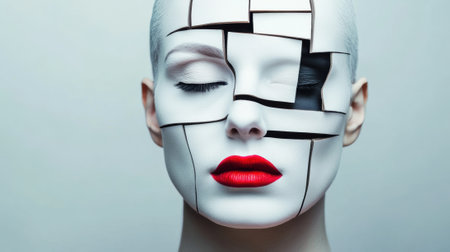 A woman with a white face and red lips is made up of pieces, AIの素材